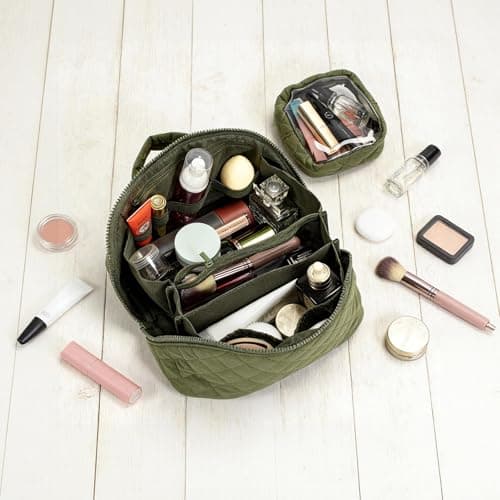 Travel Makeup Bag for Woman,Lay-Flat Puffer Cosmetic Organizer Pouch,Large Capacity Make Up Case Open Flat Toiletry Bags,Cosmetic Bags,Quilted Makeup Bags with Brush Compartment & Handle (Green) — view 6