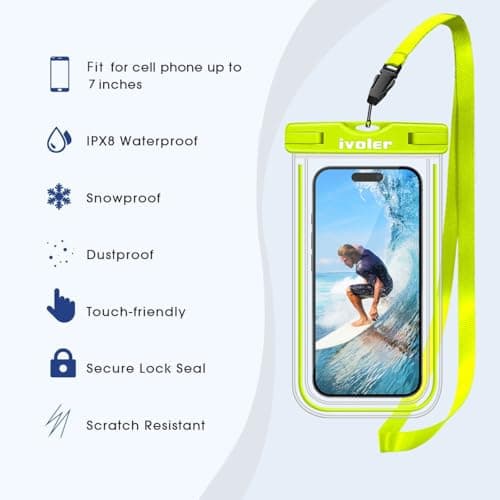 ivoler [2 Pack Waterproof Phone Case & Pouch Set - IPX8 Dry Bag with Waist Strap for Beach, Swimming, Kayaking - Fits iPhone 17 16 15 Pro Max, Samsung (Up to 7.0") - Lime Fluorescent Design — view 3