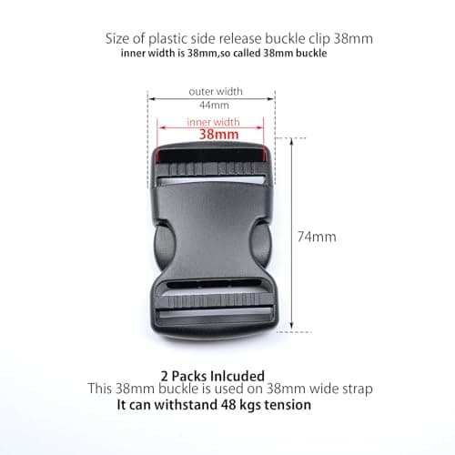 Baikeen Plastic Side Release Buckles,15mm/20mm/25mm/32mm/38mm/50mm Heavy Duty Plastic Buckle Clips Belt Snap Backpack Buckle Replacement Dual Adjustable No Sewing(38mm,2sets) — view 3