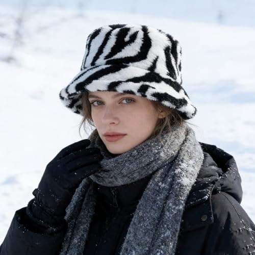 JIAHG Women Winter Warm Bucket Hat Furry Faux Fur Wide Brim Bucket Hats Soft Plush Thick Hats Outdoor Windproof Fuzzy Cap for Spring Casual Travel (UK, Alpha, One Size, Stripe) — view 3