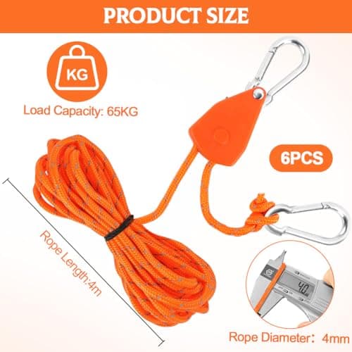 NUTKIT 6PCS Tent Guy Ropes, 4mm Ratchet Guy Ropes with Storage Bag(Orange) — view 2