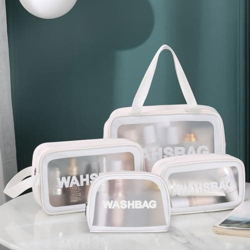 Aucuu 4PCS Clear Toiletry Bag, Wash Bag, Clear PU Makeup Bags, Waterproof Toiletry Travel Bags with Zipper Handle, Portable Airport Cosmetic B-ag for Travel Bathroom Men Women (White) — view 4