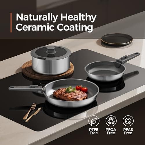 naturepan 5 PCS Ceramic Cookware Set, Stainless Steel Exterior Pots and Pans Set Non Stick, 10x More Durable Super Ceramic Coating, for Induction Hob Pan Set (Grey) — view 3