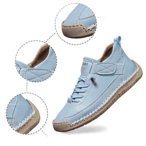 Womens Leather Trainers Flat Lace Slip on Running Walking Shoes Ladies Lightweight Breathable Ankle Gym Sport Sneakers Women Orthopedic Arch Support Trainers (Sky Blue, 9) — view 5
