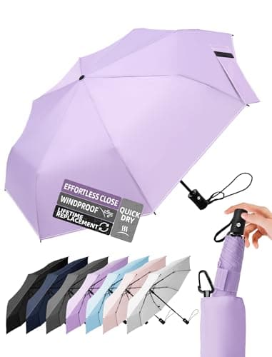 LILAC Windproof Automatic Umbrella, Strong 7 Ribs Compact Travel Brolly