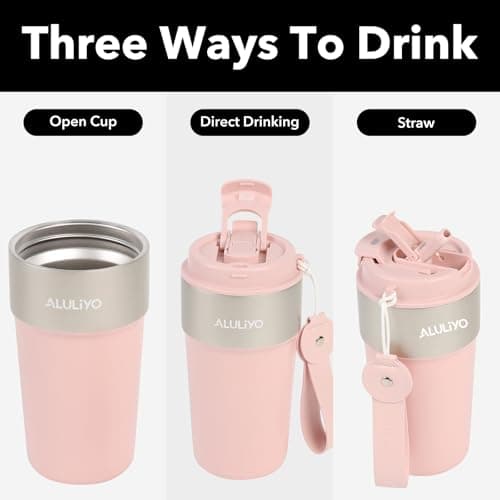 ALULIYO Travel Mug, Insulated Coffee Cup with Straw & Lid, 500ML, Pink — view 5