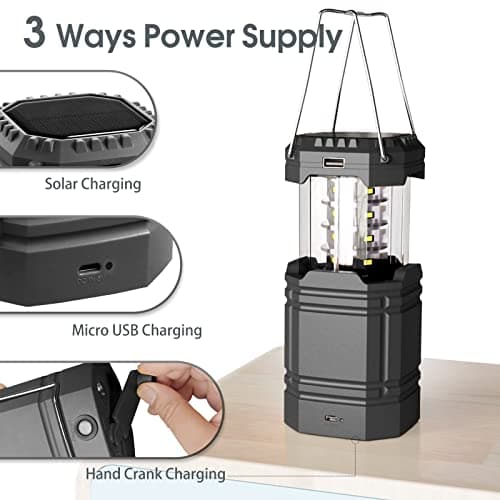 Camping Lantern, Rechargeable Camping Lights with Solar, Hand Crank and USB Charger, Collapsible Tent Light with Handles, Portable Electric LED Light for Outdoor Camping and Tent — view 2