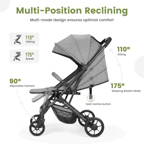 Convenience Baby Stroller – Lightweight & Compact Travel Umbrella Stroller, Quick One-Hand Fold, Lockable Rear Wheels, Adjustable Canopy, 5-Point Safety Harness & Shopping Basket (Grey) — view 6
