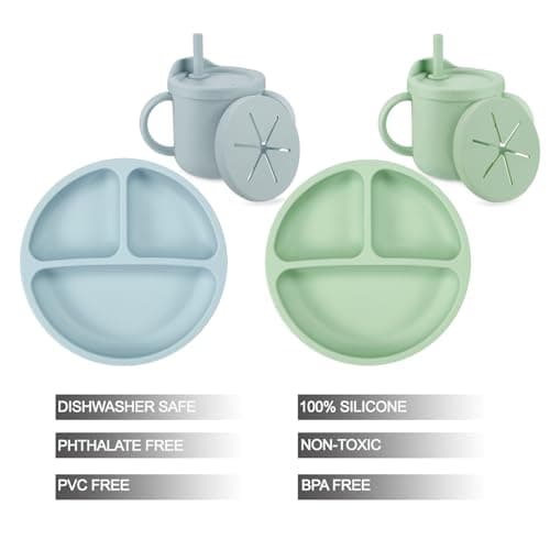 PandaEar 8 Pack Silicone Baby Feeding Set - 2 Suction Plates, 2 Sippy Cups, 2 Spoon & Fork Sets | Travel Weaning Supplies | BPA Free Self-Feeding Kit (Light Blue/Light Green) — view 2