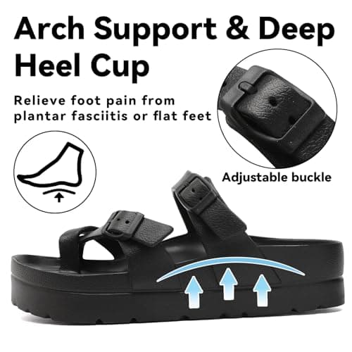Waysoland Women's Platform Sandals with Arch Support Comfortable Slides Thick Soles Flat Sandals With Adjustable Buckle & Ultra Cushion(Black,6 UK) — view 4