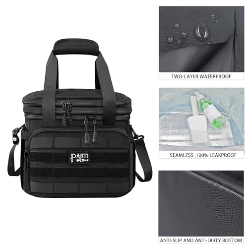 PARTI FISH Cooler bag Lunch Bag 5-Layers Strong Insulated Cool Bag for Men 15-18L 2-Decks Large Expandable Water-Leak-proof Anti-slip-fall Tote Shoulder Lunch Kit Travel Golf Wine Work, Tactical Black — view 5