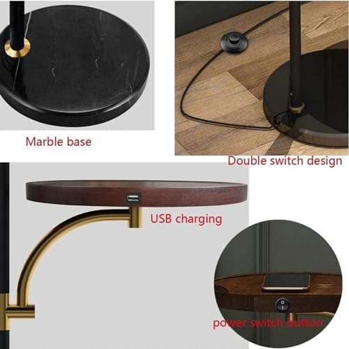 Standing Tall Lamps Nordic Floor Lamp With USB Charging Port Wood Tray Standing Lamp Adjustable Lampshade Marble Base High Pole Lamp Reading Light — view 6