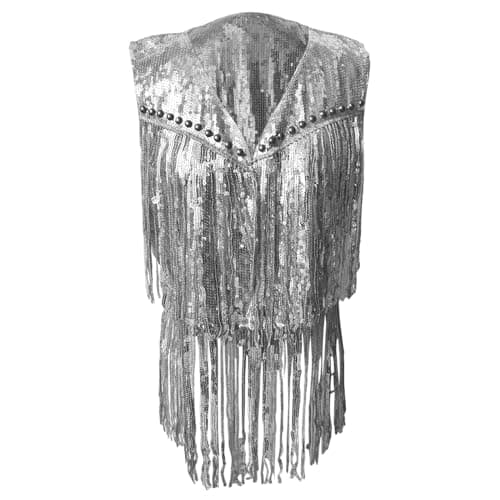 Wesaloes Womens Hippie Vest 70s Fringe Trim Jackets Sequin Gilets Glitter Tassels Vest Cardigans Open Front Boho Western Jacket Cardigan Club Dance Party Western Jacket (Silver, L) — view 2