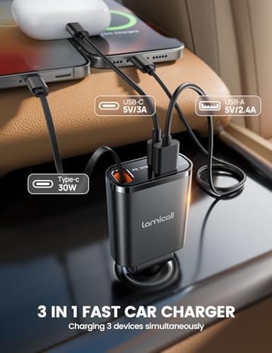 Lamicall 3 in 1 Retractable Car Charger Adapter -【2026 Ultra Compact】57W Cigarette Lighter USB Charger, Car Phone Charge with Type-C Cable/USB C/USB A, 12V/24V Socket for Phone, Android - Black — view 5