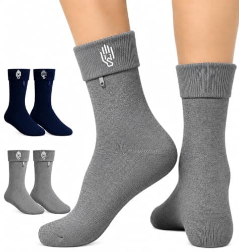 Wallet Socks - Anti Pickpockets Crew Socks for Women and Men w/Genius Hidden Zipper Pockets for Travel, Running Sizes 7-9, Grey, 5-8.5 UK