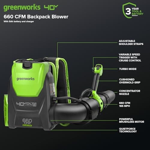Greenworks - 40V Brushless Backpack Leaf Blower (660CFM/165mph), Commercial Grade Power for Patios, Driveways, Patios, Includes 5.0Ah Battery and 5A Fast Charger — view 2