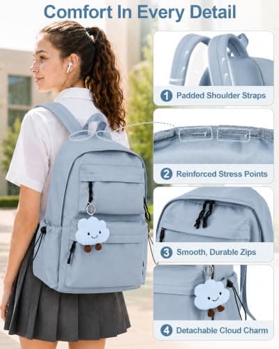 FIORETTO Backpack Womens School Bag Girls Boys, Lightweight Water-Resistant Fits 15.6” Laptop Large Capacity Rucksack with Anti-Theft Pocket, Ideal for School College Commuting Travel Dusty Blue — view 5