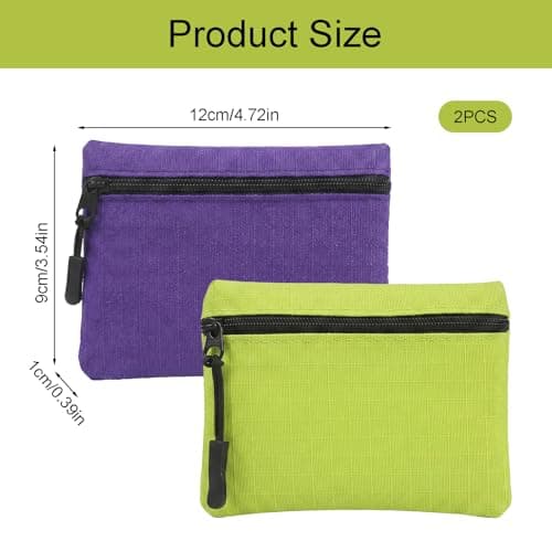 2 Pack Coin Purse Pouch Small Purses Coin Wallets for Men Women Money Pouch Oxford Cloth Mini Purse with Zipper for Women Men Daily Travel Shopping and Outdoor Activities (Green + Purple) — view 2