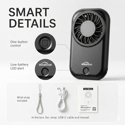 WHATOOK Mini Handheld Turbo Fan: 0.59in Ultra-Slim & 0.12lbs Light Pocket Fan, 11000 RPM Power, 5 Speeds, USB-C Rechargeable Portable Small Personal Hand Fan for Travel Essentials,Outdoor,Gift,Black — view 5