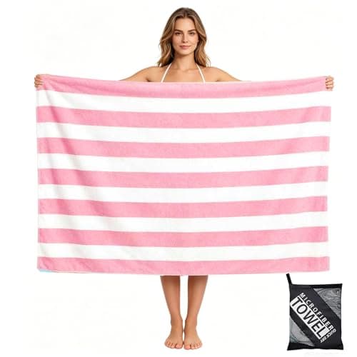 Large Quick Dry Microfibre Beach Towels for Adults,160X90cm Double Sides Pink Stripe Bath Towel Travel Towels with Pockets,Lightweight Beach Towel for Women Men Sun Lounger Travel Swim Holiday Sport