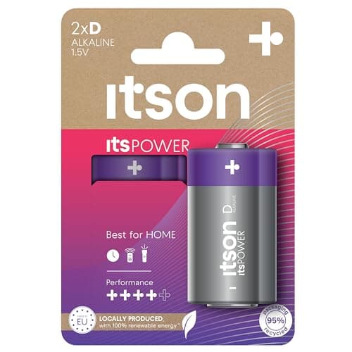 ITSON, D batteries, pack of 2, eco-friendly packaging of 95 Percentage recycled materials, for clocks, torches, remote controls, made in EU