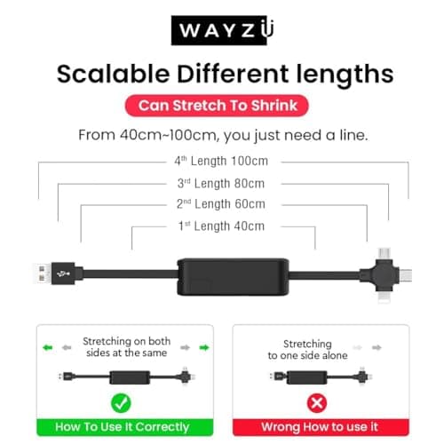Wayzu® 3 in 1 Retractable Multi Charging Cable,Fast Charging USB Charger Cable with USB-C,iP,Micro USB Connectors,Portable Travel Charger Lead,Universal Phone Charging Cable for iPhone,Samsung,Tablets — view 2