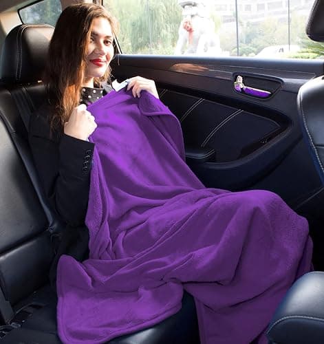 BlueHills Travel Blanket Pillow Premium Soft Plush for Airplane Travel Size Blanket Throw Long Flight Essentials in Compact Bag Plane Portable Lightweight Purple T021 — view 4