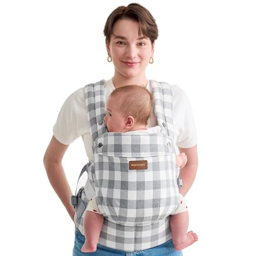 Momcozy Baby Carrier for 3-24M, Waist 64-127cm, Cotton Linen Slate Checker