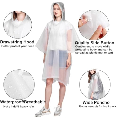 Cosowe Rain Ponchos Waterproof Adults, 2pcs Reusable Raincoats Portable, Family Pack Festival Plastic Coats for Women Men with Sleeves Hood, 1White+1Black — view 4