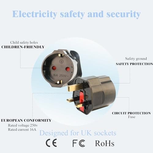 2 Pack EU to UK Plug Adapter, European to UK Plug Adaptor 2 Pin To 3 Pin Plug Adapter, European Adapter, Type C/E/F Europe Germany France Spain to British Type G, Black (Black) — view 4