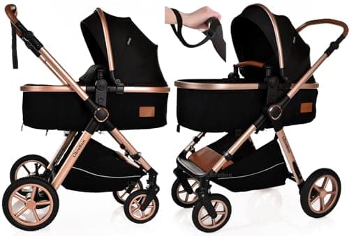 Baby Pram with Car Seat Lightweight Buggy Stroller Foldable Pushchair 3 in1 Baby Travel System Newborn Toddlers (Black - Rose Gold) — view 6