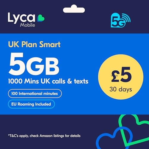 Lyca Mobile UK Prepaid SIM Card | UK Plan Smart | 5 GB Data | 5G Speed | 1000 UK Minutes & SMS | International Calling | £5/30 Days