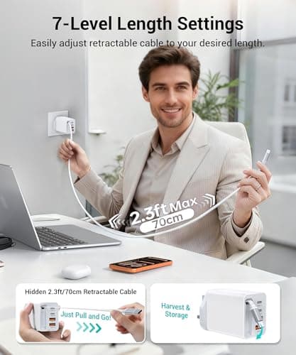 5-in-1 Retractable Gan Wall Charger Plug,40W USB C Fast Charger Block with 2.3ft Retractable Type C Cable,Multiport Phone Charger Travel Essentials Brick Power Adapter for iPhone 17/16,Galaxy S25/S24 — view 4