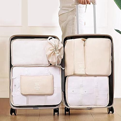 Aselected 7 PCS Travel Organiser Packing Bags Packing Cubes Travel Luggage Packing Organizers Clothes Shoes Cosmetics Toiletries Storage Bags (Beige) — view 6