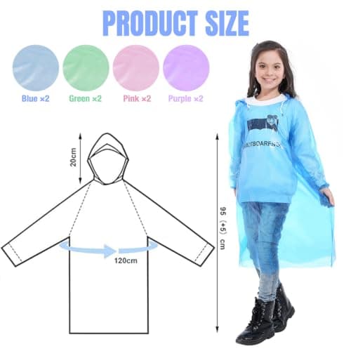ZOCONE 8 Pack Multicolor Rain Poncho Kids Disposable Ponchos for Girls Boys, Waterproof Poncho Kids Plastic Rain Ponchos for Outdoors — view 2