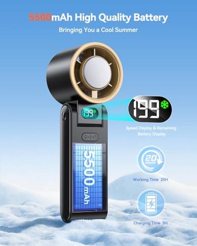 Portable Handheld Turbo Fan with Ice Cooler, 199 Speed Personal Fan,5500mAh Rechargeable,20H Cooling Time,20000 RPM Powerful Silent Motor, Summer Essential for Travel/Outdoor/Office,Black Gold — view 4