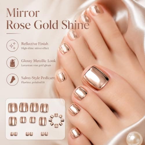Rose Gold Chrome Press On Toe nails, Short Square Fake Toenails with Glue — view 2