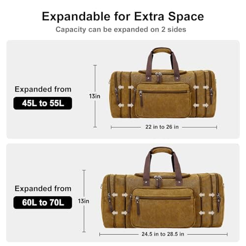 EKOROMIER Large Canvas Travel Holdall for Men – Expandable Duffel Bag – Extra Spacious Weekend Bag for Holidays, Gym & Long Trips – Camel Brown 70L — view 4