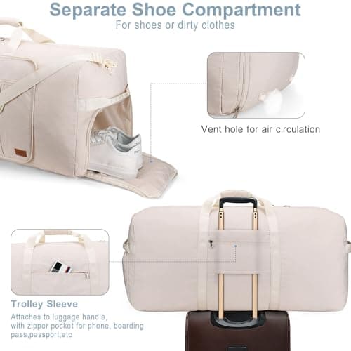 Urtala Travel Duffel Bag for Women & Men, Large Foldable Overnight Weekender Bag with Shoes Compartment & Shoulder Strap, Lightweight Waterproof Luggage Bag, Beige, (80L) EU, Casual — view 5