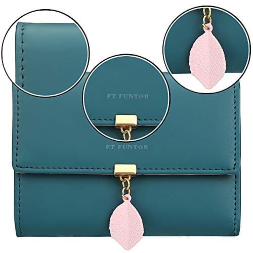 FT FUNTOR PU Leather Wallet for Women RFID-Blocking, Ladies Bifold Leaf Pendant Coin Zipper Small Purse with 5 Card Slots and 1 ID Window Card Holder Organizer(S-Teal Blue) — view 4