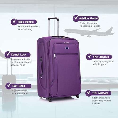 Aerostar Carry-on 20" Lightweight Soft Expandable Suitcase, Hand Luggage 2 Wheel & Combination Lock, 55x35x25cm | Accepted All Airlines Including British Airways (Purple, 32 litres) — view 2