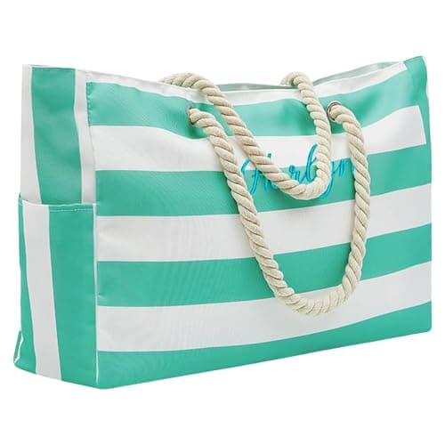 Custom Beach Bag, Personalised with Name Embroidered – Summer Beach Bags for Women, Large Capacity Striped Travel Storage – Holiday Gift for Her Mum Vacation Trip (Turquoise)
