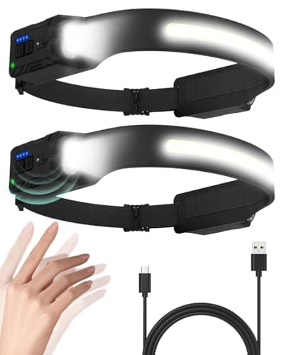 tuare LED Headlamp Rechargeable 2 Pack, 4 Spot Light 270°COB Head Torch with Motion Sensor Control & Battery Level Display, 5 Lighting Modes, IPX4 Waterproof, for Running, Hiking, Father Day Gifts