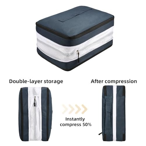5 Set Compression Packing Cubes for Suitcases, Travel Organiser for Carry on Hand Luggage Newest Double Sided Expandable Packing Bags with Shoes Bag (Navy) — view 4