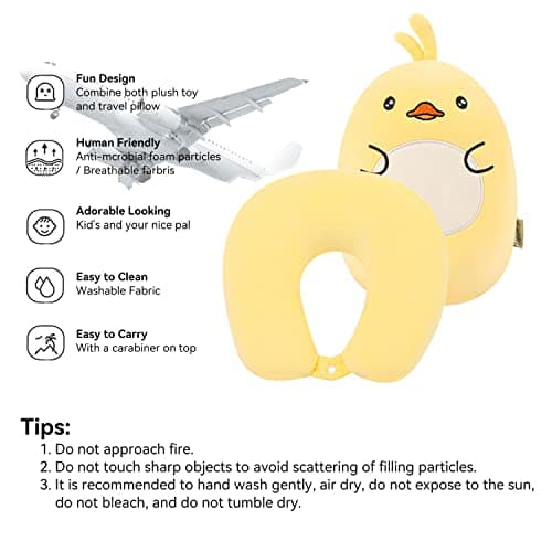 JOYRAVO Kids Travel Pillow - 2-in-1 Deformable Neck Pillow, Soft U-Shaped Pillow with Cute Plush Animals Comfy Sleep and Play Companion for Airplanes, Cars, and Travel - Yellow Duck — view 3
