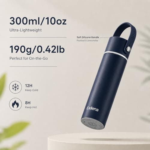 Exllena 300ml Small Water Bottle with Adjustable Silicone Handle Made of 100% Stainless Steel (Body + Lid), Mini Metal Water Bottle for Handbag, Leakproof (Midnight Sapphire) — view 5