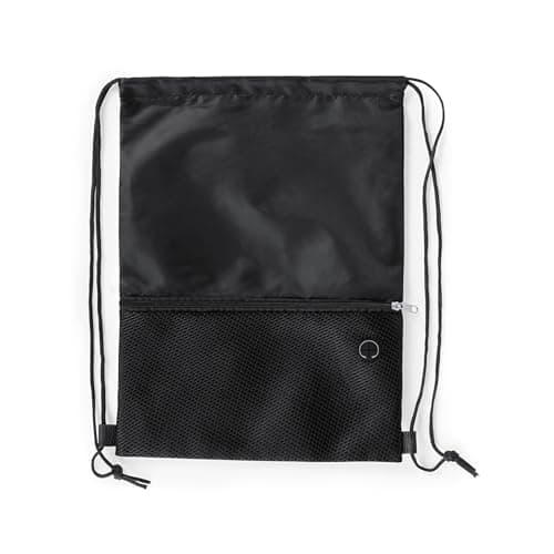 Bodygenix Unisex Drawstring Backpack for Sports – Lightweight Polyester Bag with Front Zip Pocket & Headphone Port – Waterproof Cinch String Bag for Sports, School, Swim, Travel & Beach Use - Black