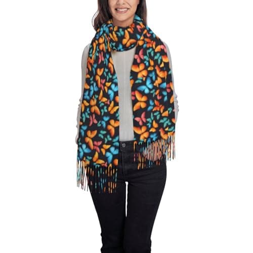Colorful Butterfly Print Elegant Fringe Scarf Shawl Wrap For Women Winter Fall Spring Travel Accessory Gift
