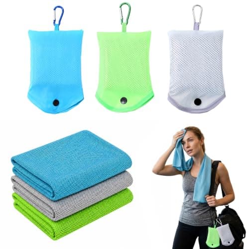3-Pack Cold Towels for Gym and Sports, 30x80cm Ice Towel Set, Cooling towels for hot weather, neck cooling wrap with carabiner bags. Gray, Sky Blue, Green