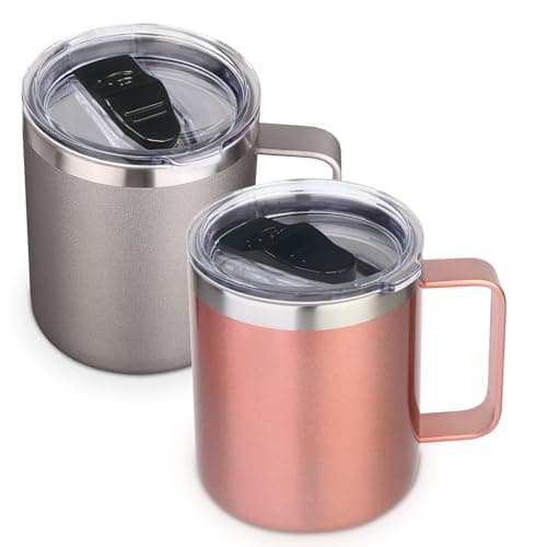 Volhoply 14oz Insulated Stainless Steel Coffee Mug with Lid Bulk 2 Pack,Double Wall Vacuum Travel Coffee Cup with Handle,Reusable Metal Tumbler,Camping Mugs Keep Hot&Cold,Christmas Gifts(Mix,2)